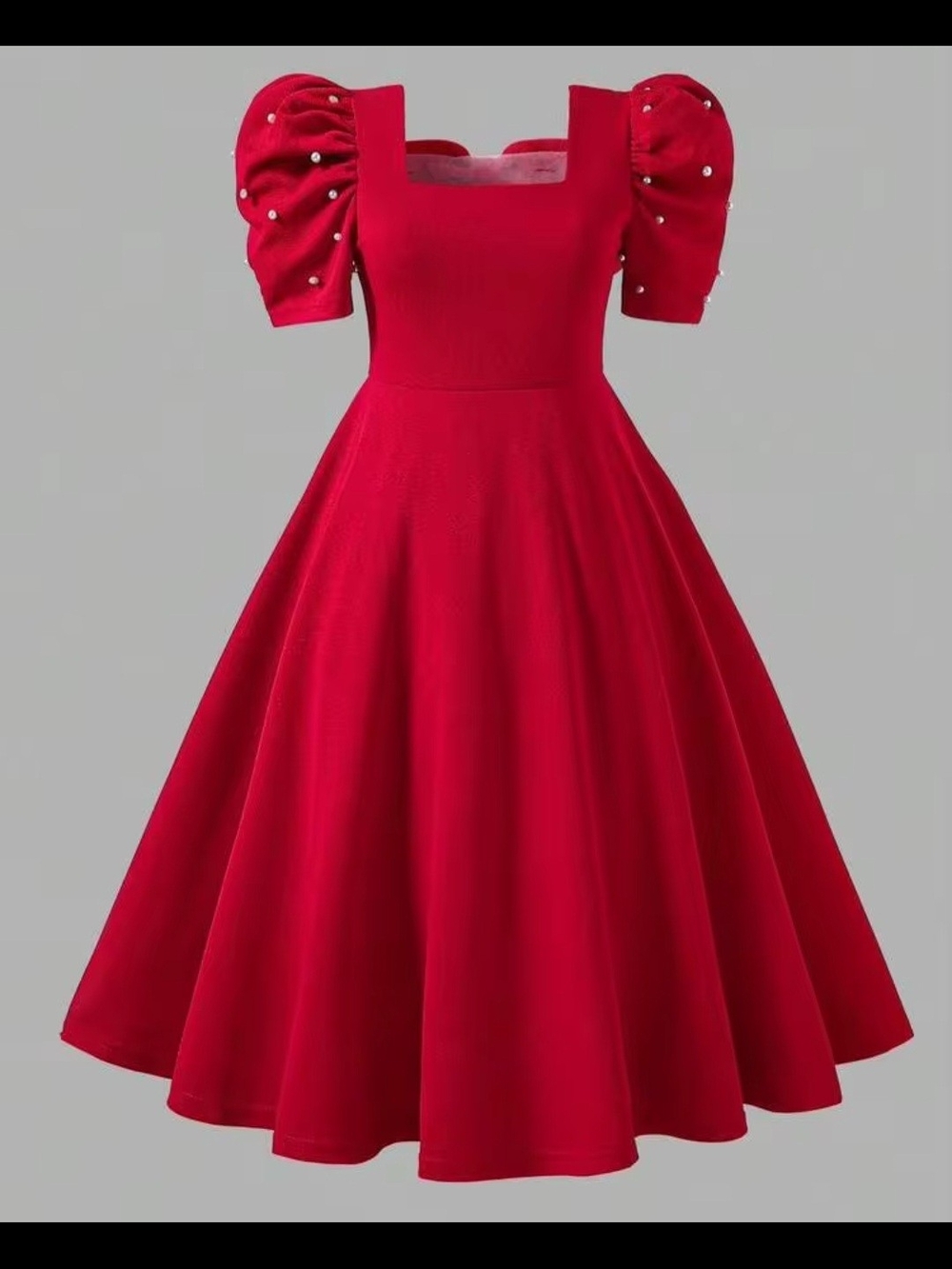 SHEIN Red Square-Neck Puff Sleeve Midi Dress with Pearl Accents